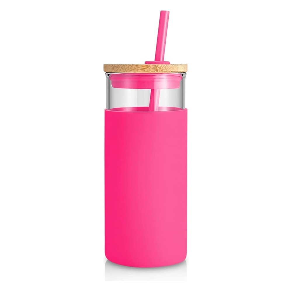 Tronco pink Glass Tumbler with bamboo lid n silicone sleeve with straw 20 oz